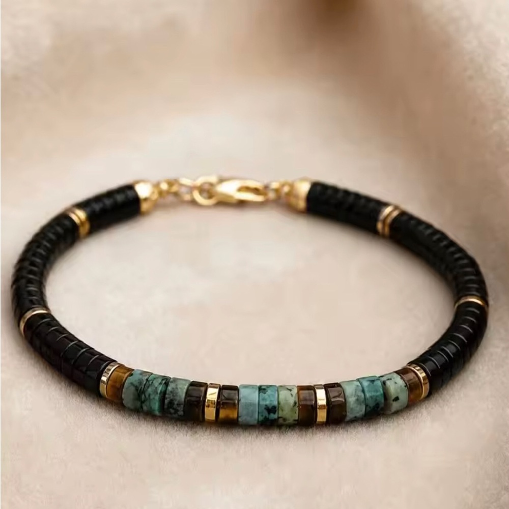 Gold Accent Black and Turquoise, Tiger Eye, Onyx and Hematite Bracelet